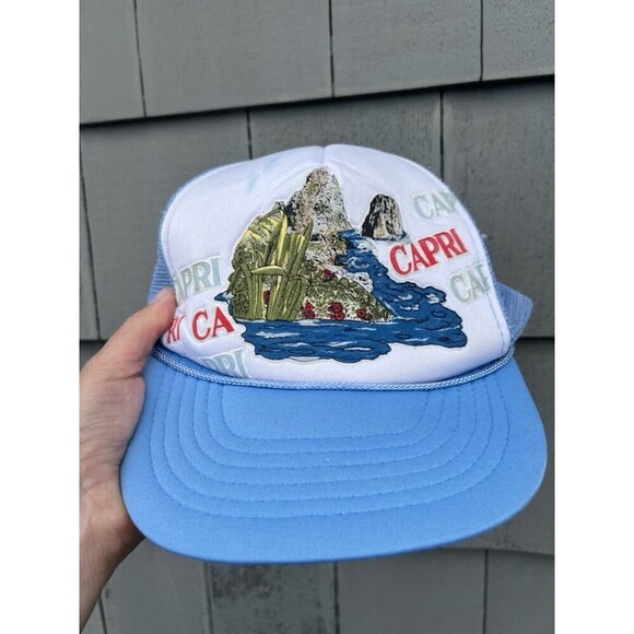 Vintage Capri blue trucker mesh hat Italian 80s Mediterranean graphic *defects - Picture 3 of 11